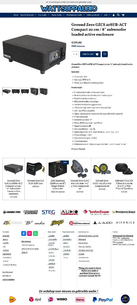 Ground Zero GZCS 20SUB-ACT Compact 20 cm/8″ subwoofer Actief, Erlenweg 25, 85658 Egmating, Germany, Nieuw, https://www.ground-zero-audio.com/en/support-en/contact-page/