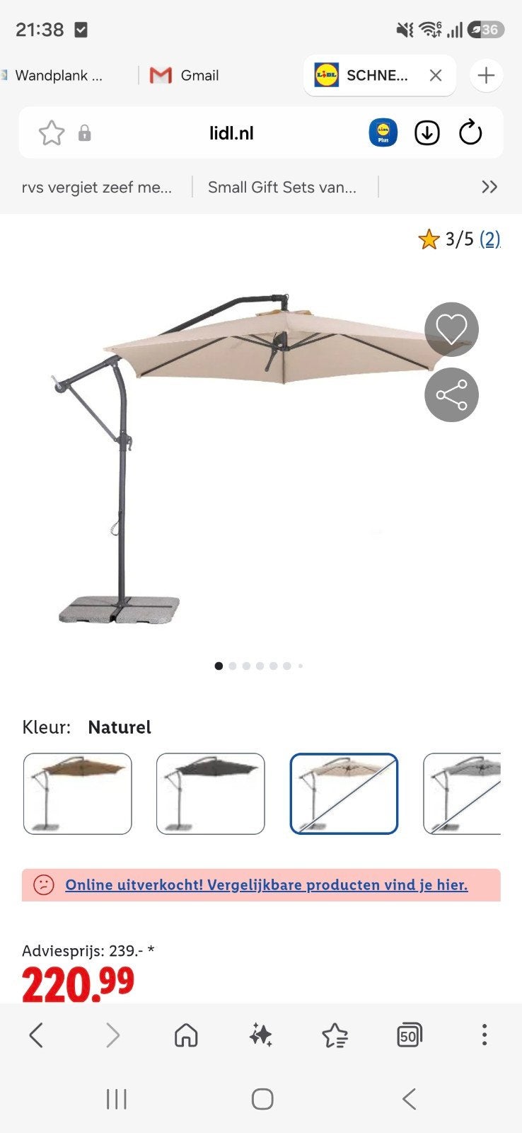 Zweefparasol Beige Schneider - NIEUW, Ophalen of Verzenden, Nieuw, Zweefparasol, Kantelbaar