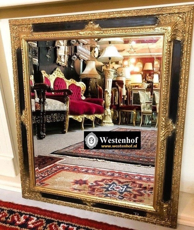 Spiegel klassiek - antieke barok goud met zwarte lijst gips, Ophalen of Verzenden, Rechthoekig, 50 tot 100 cm, 100 tot 150 cm