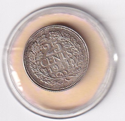 25 Cent 1941 met randtikje en Patina, Verzenden, Zilver, 25 cent, Koningin Wilhelmina