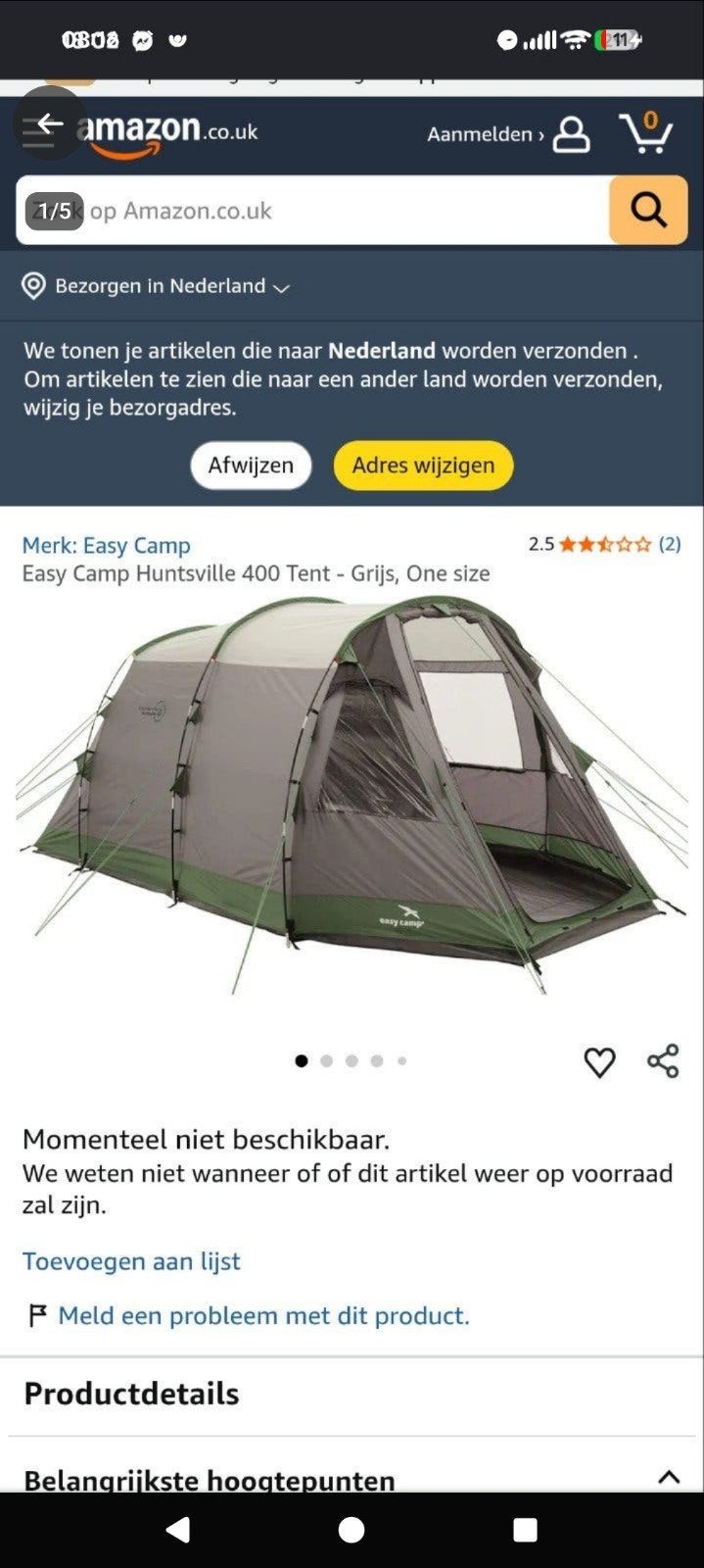 Easy Camp Huntsville 400 tunneltent - 4 persoons, Ophalen of Verzenden