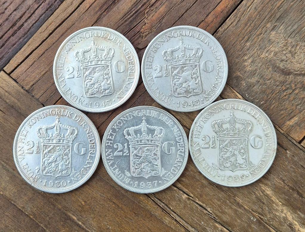 Zilveren 2,5 Guldens Wilhelmina (5x), Zilver, Ophalen of Verzenden, Koningin Wilhelmina, Losse munt