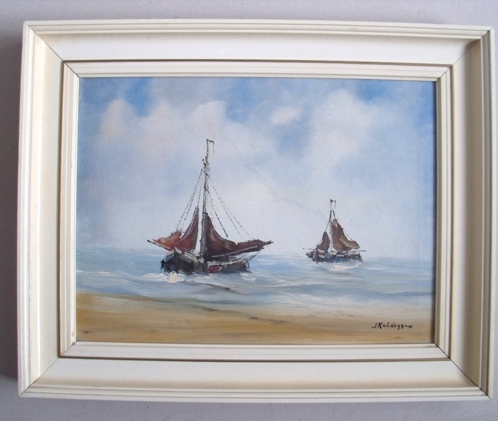 Jan Kelderman - (1914-1990) - Zeilboten op strand Cadzand, Ophalen of Verzenden