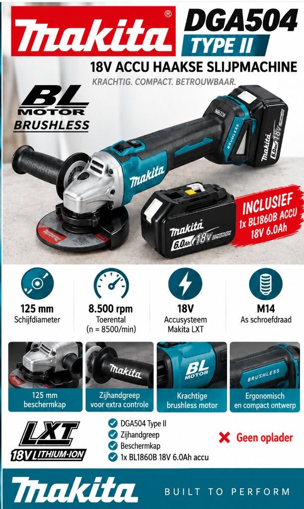 Makita DGA504 Haakse Slijper + BL1860B 18V 6.0Ah Accu