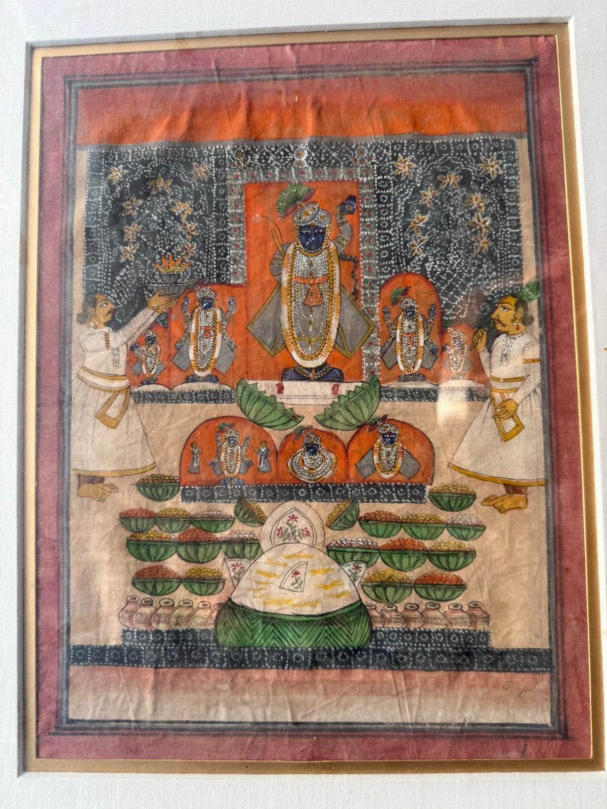 Antieke Indiase Pichwai schildering (52x43cm), Ophalen, India, Meerkleurig, Geschilderd