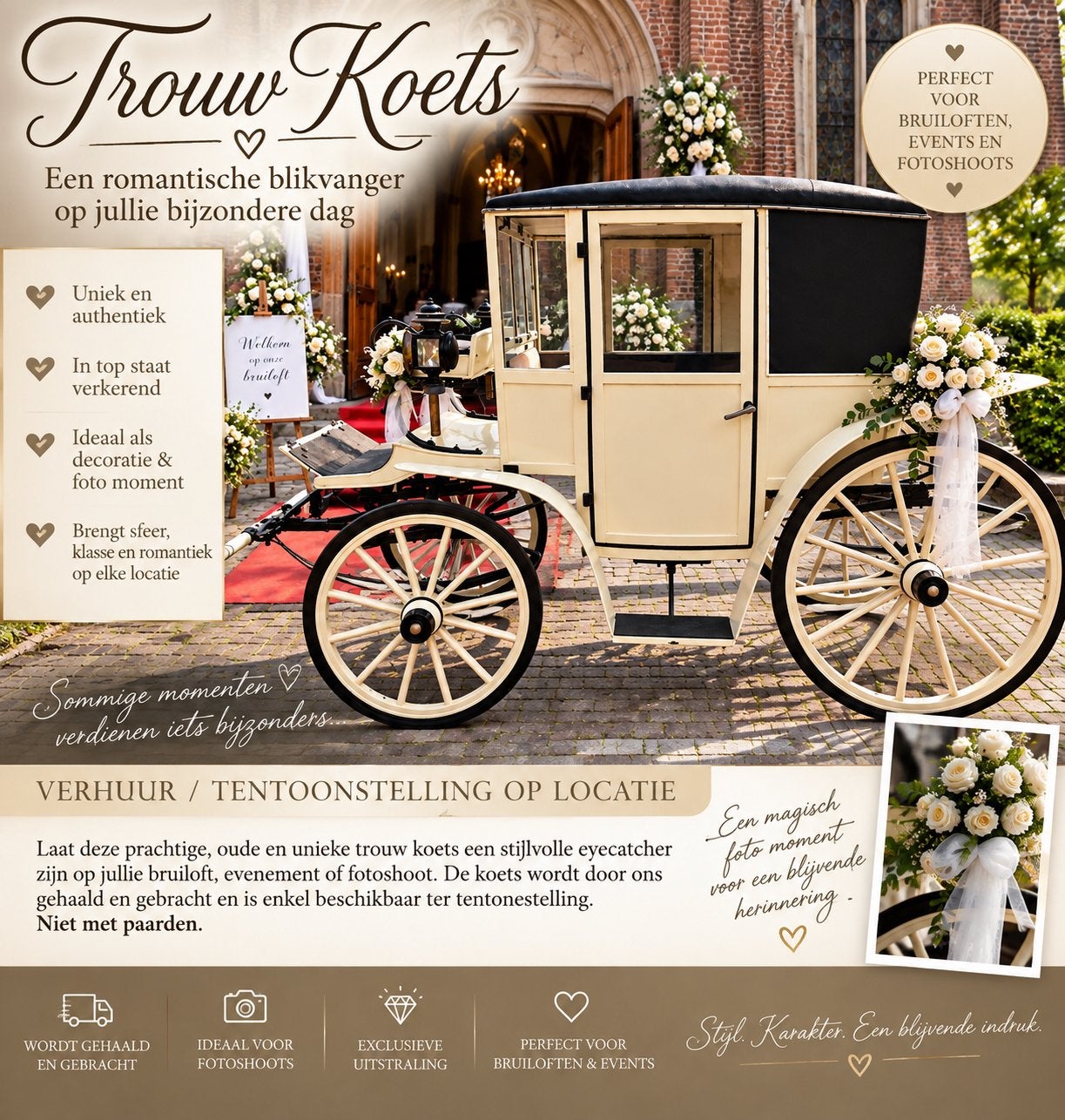 Unieke princes Trouwkoets voor Bruiloft of evenement huur, Dieren en Toebehoren, Nieuw, Overige typen, Paard
