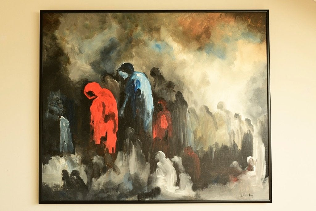 Groot schilderij Barbara de Jong, olieverf op linnen, lijst, Antiek en Kunst, Ophalen of Verzenden, Textiel, Gemengde techniek