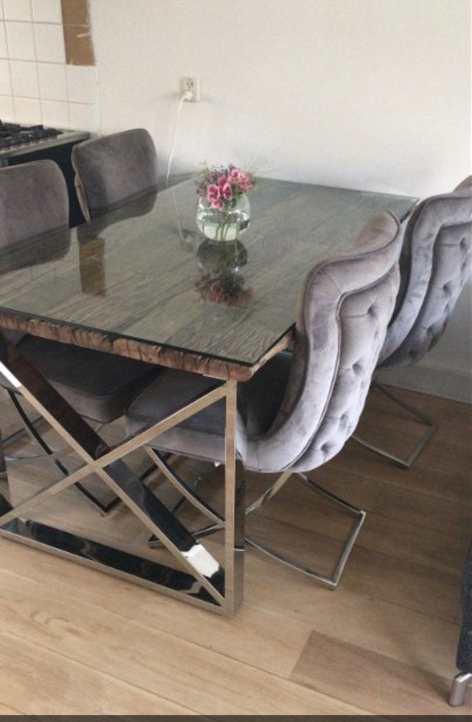 Sleeperwood eettafel wagonhout incl glas, Ophalen, Glas, Industrieel/landelijk, 200 cm of meer
