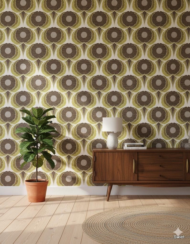 6651 groovy vintage bloemenbehang bruin groene tinten swiet, Ophalen of Verzenden, Bruin