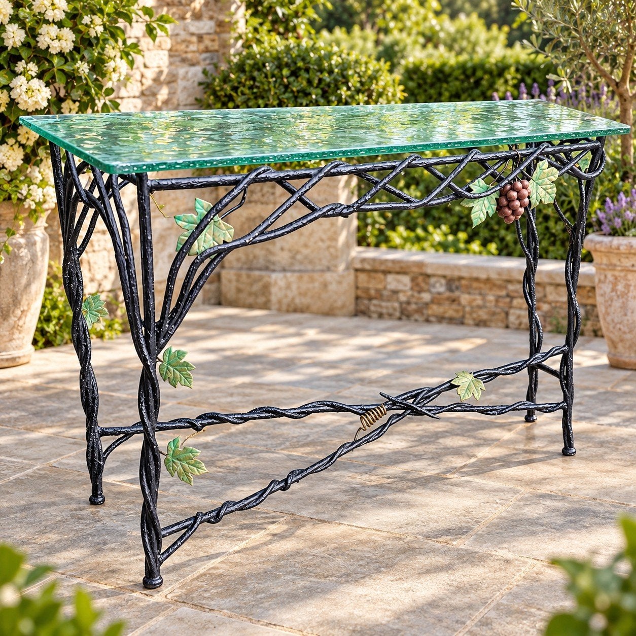 Smeedijzeren sidetable met glazen blad, Huis en Inrichting, Ophalen, Gebruikt, 100 tot 150 cm, Glas