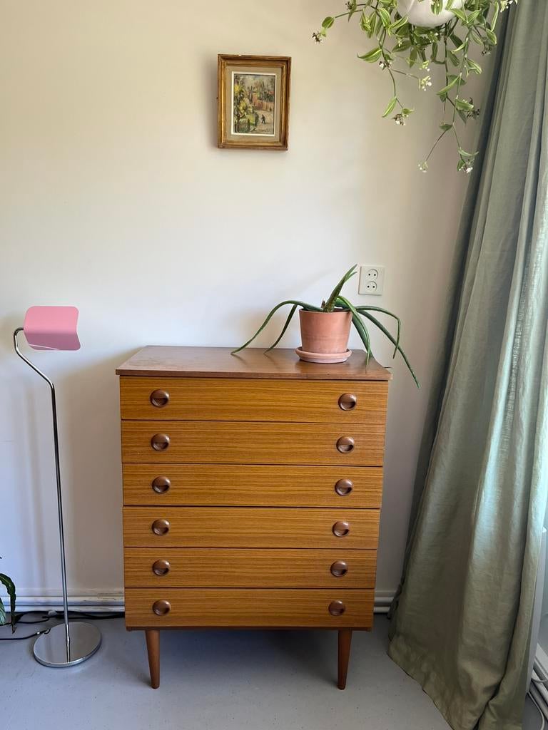 Vintage ladekast tallboy, Huis en Inrichting, Kasten | Ladekasten, Ophalen, Gebruikt, Teakhout, 50 tot 100 cm