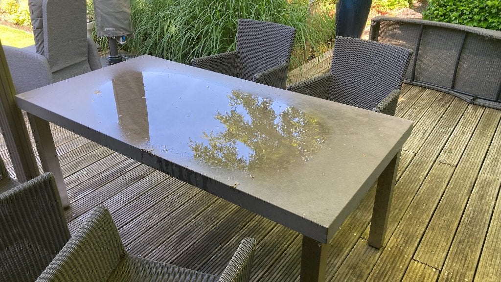 Buitentafel natuur stenen Blad RVS poten, Ophalen, Gebruikt, Rechthoekig, Overige materialen
