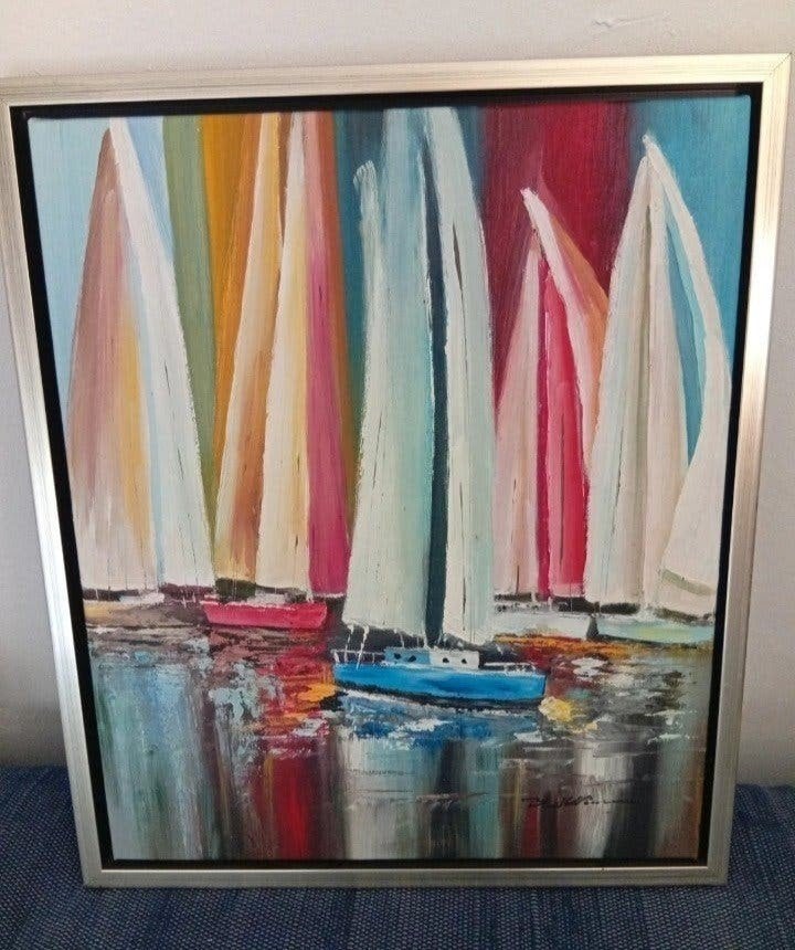 Fraai handgeschilderd schilderij met kleurrijke zeilboten, Antiek en Kunst, Ophalen, Handgeschilderd, Overig onderwerp