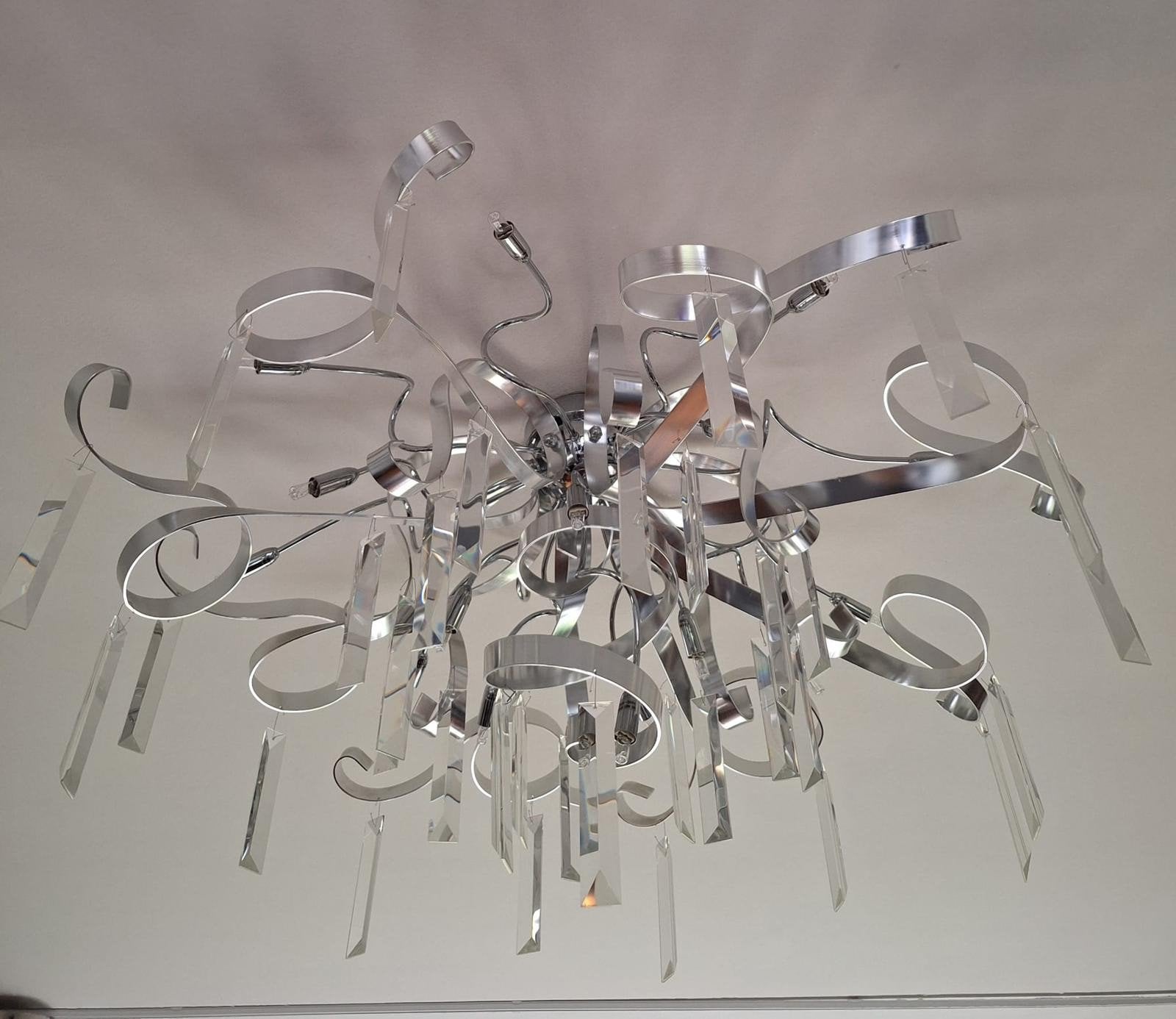 Moderne plafondlamp met kristallen en chroom, Huis en Inrichting, Ophalen, 50 tot 100 cm, Zo goed als nieuw, Glas