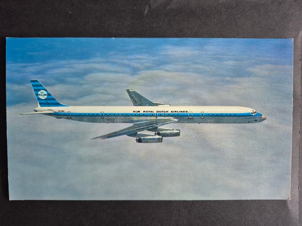 Grote ansichtkaart getekende KLM Douglas DC-8-63 (A258), Verzamelen, Ophalen of Verzenden, Gebruikt, Kaart, Foto of Prent