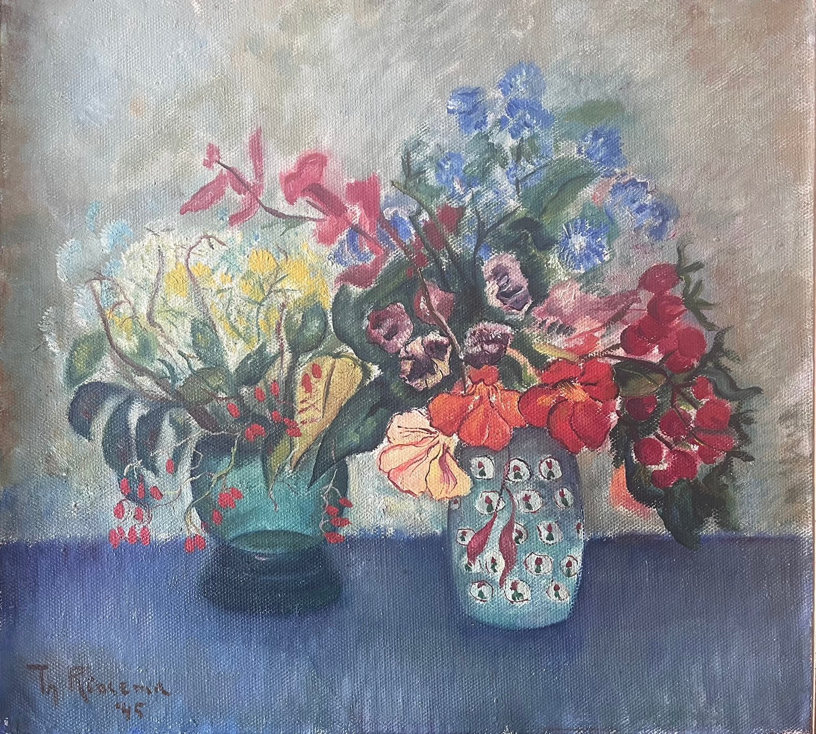 Bloemstilleven geschilderd door Thijs Rinsema in 1945, Antiek en Kunst, Bloemen, Doek, Expressionistisch, Ophalen of Verzenden