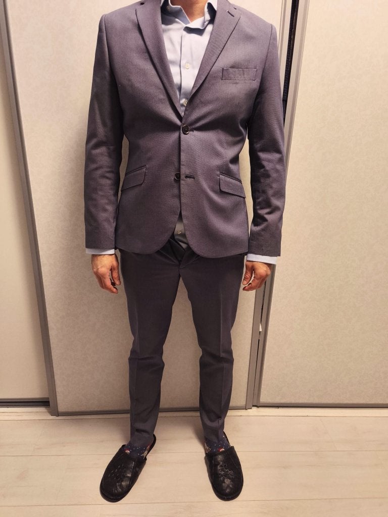 H&M marineblauwe-grijs herenpak maat 48/50, Zo goed als nieuw, Verzenden, Maat 48/50 (M), Grijs