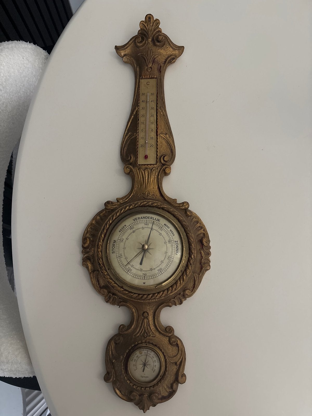 Antieke Barometer en Thermometer - Goudkleurig, Ophalen of Verzenden, Gebruikt, Weerstation