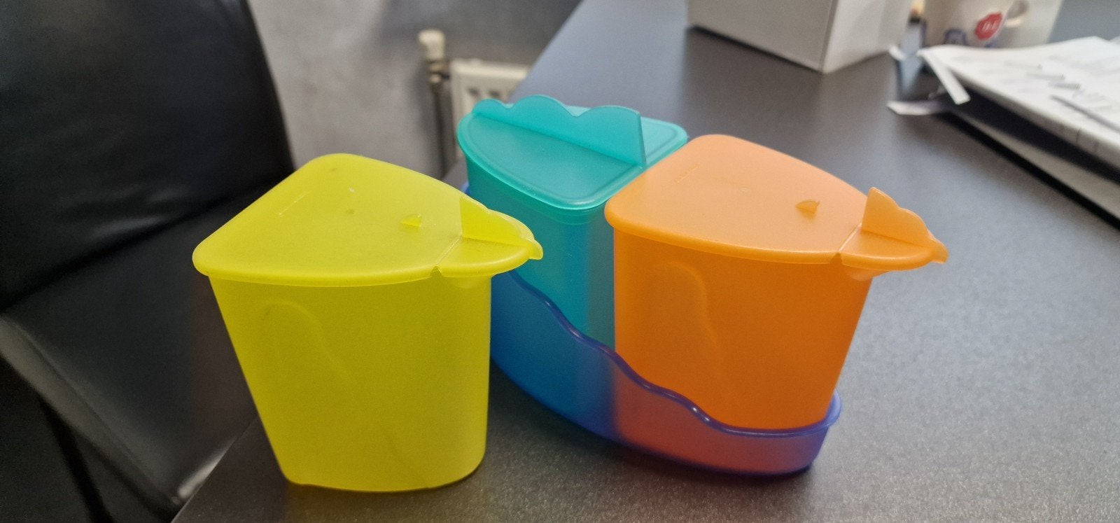 Tupperware Suiker- en Melkkan Set - Geel, Oranje, Blauw, Gebruikt, Overige kleuren, Met deksel, Beker of Kan
