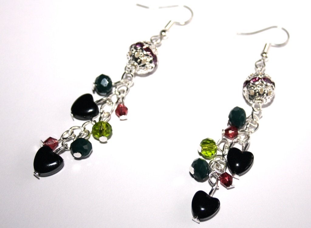 Lange oorbellen met strass en amethist, groen, zwart, Overige materialen, Hangers, Overige kleuren, Nieuw