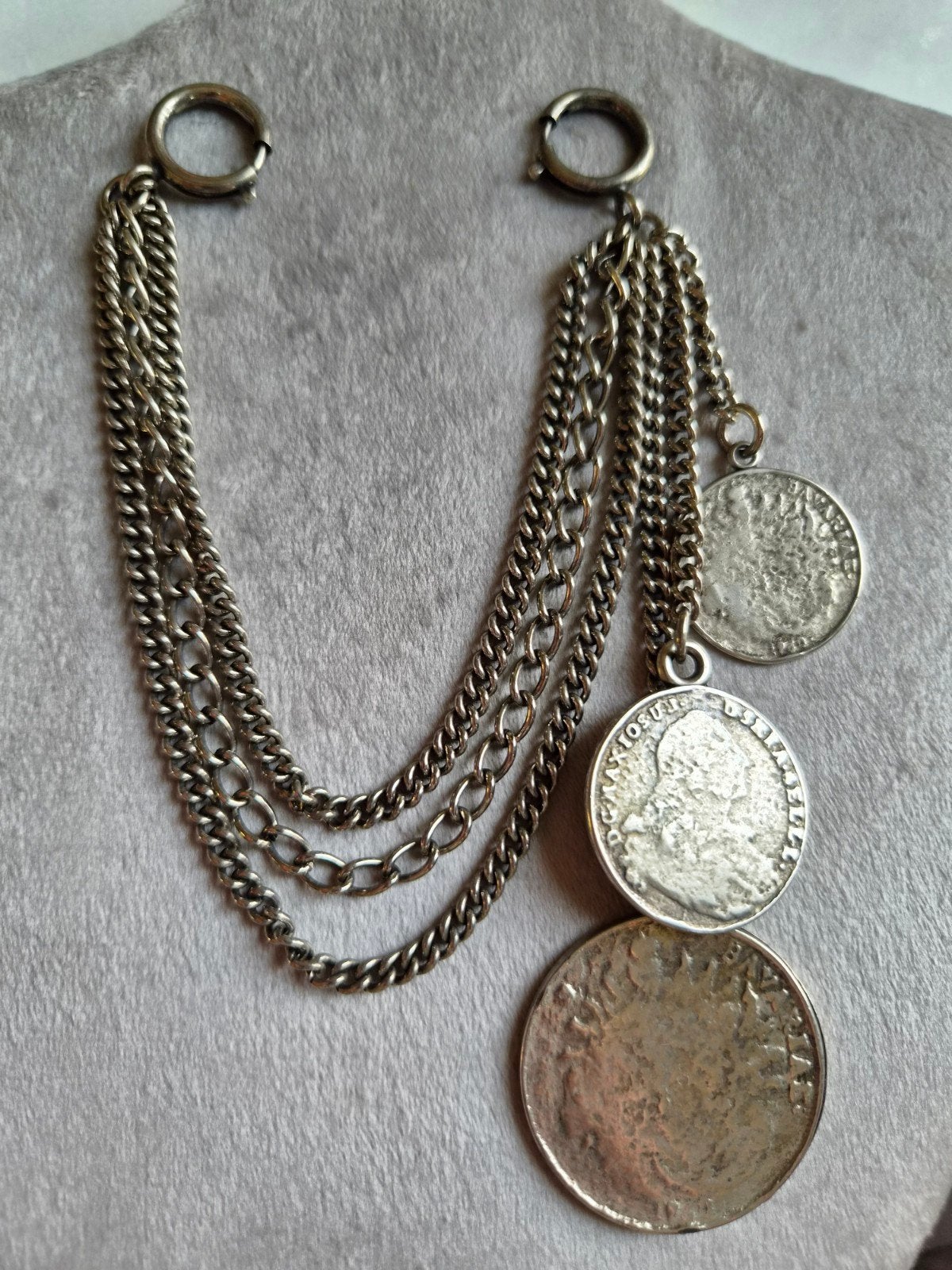 Vintage vest ketting met muntjes, Gebruikt, Ophalen of Verzenden, Zilver, Overige materialen