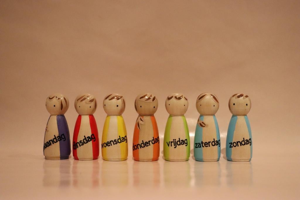 Dagen van de week peg dolls houten poppetjes leren, Ophalen of Verzenden