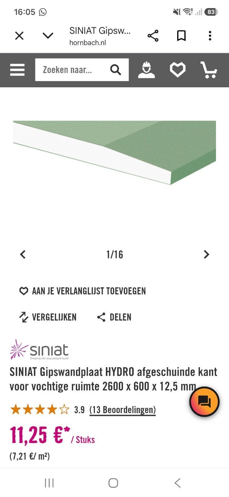 één Siniat Gipsplaat Hydro 2600x600x12,5mm voor vochtige rui, Doe-het-zelf en Verbouw, Hout en Planken, Ophalen, Minder dan 25 mm