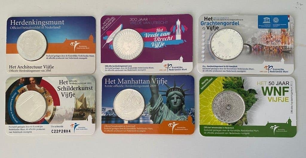Set van 6 officiële €5,- Herdenkingsmunten in Coincard (KNM)