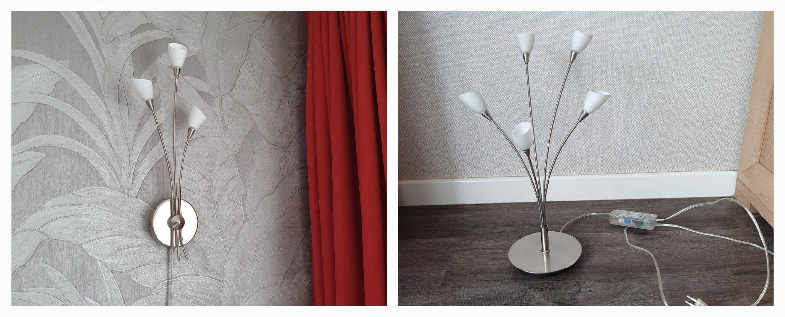 2 lampen mat rvs met witte kelken, Ophalen