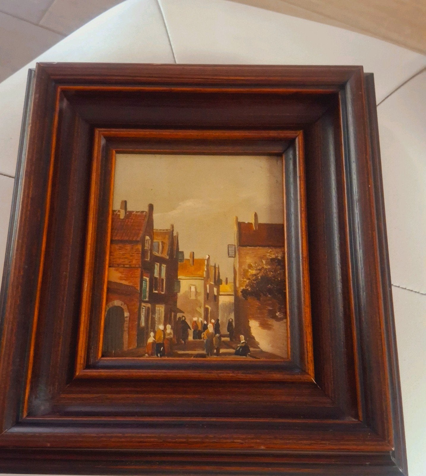 schilderij Hollands stadsgezicht in Oudhollandse houten lijs, Ophalen of Verzenden