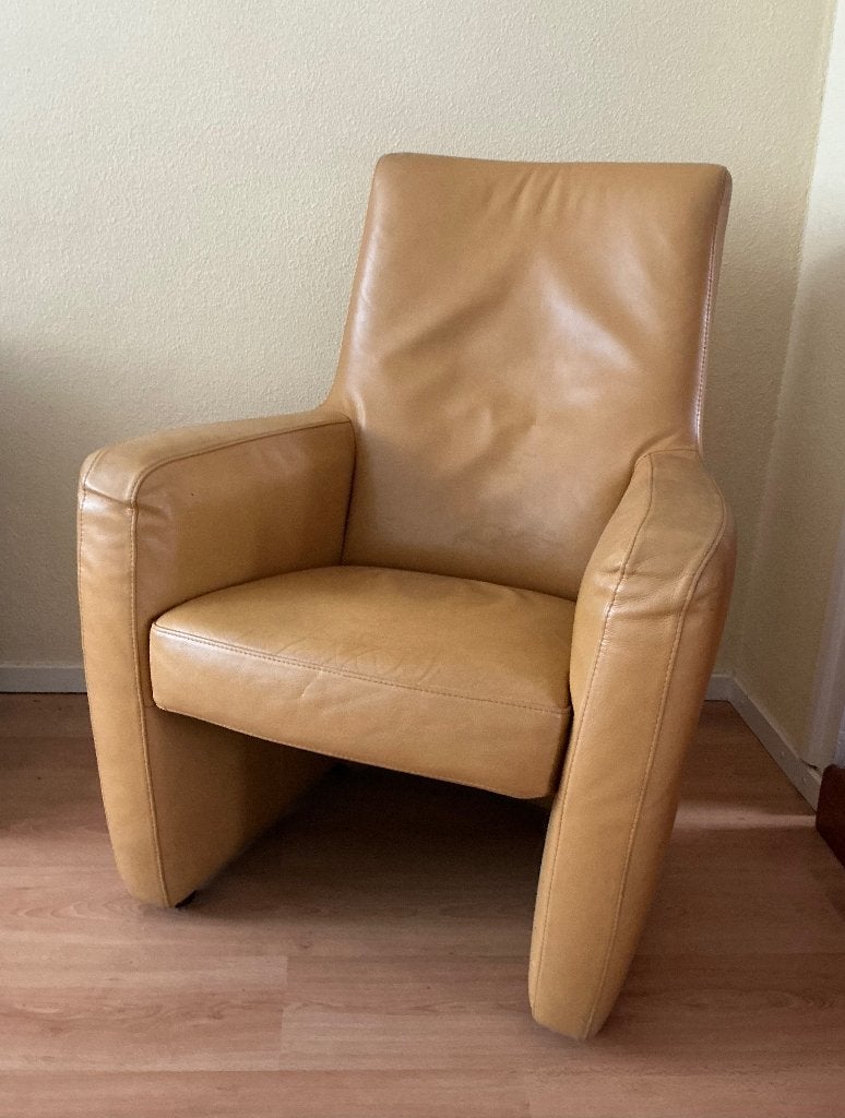 Fauteuil geel leer, Huis en Inrichting, Fauteuils, Ophalen, Gebruikt, 50 tot 75 cm, Leer
