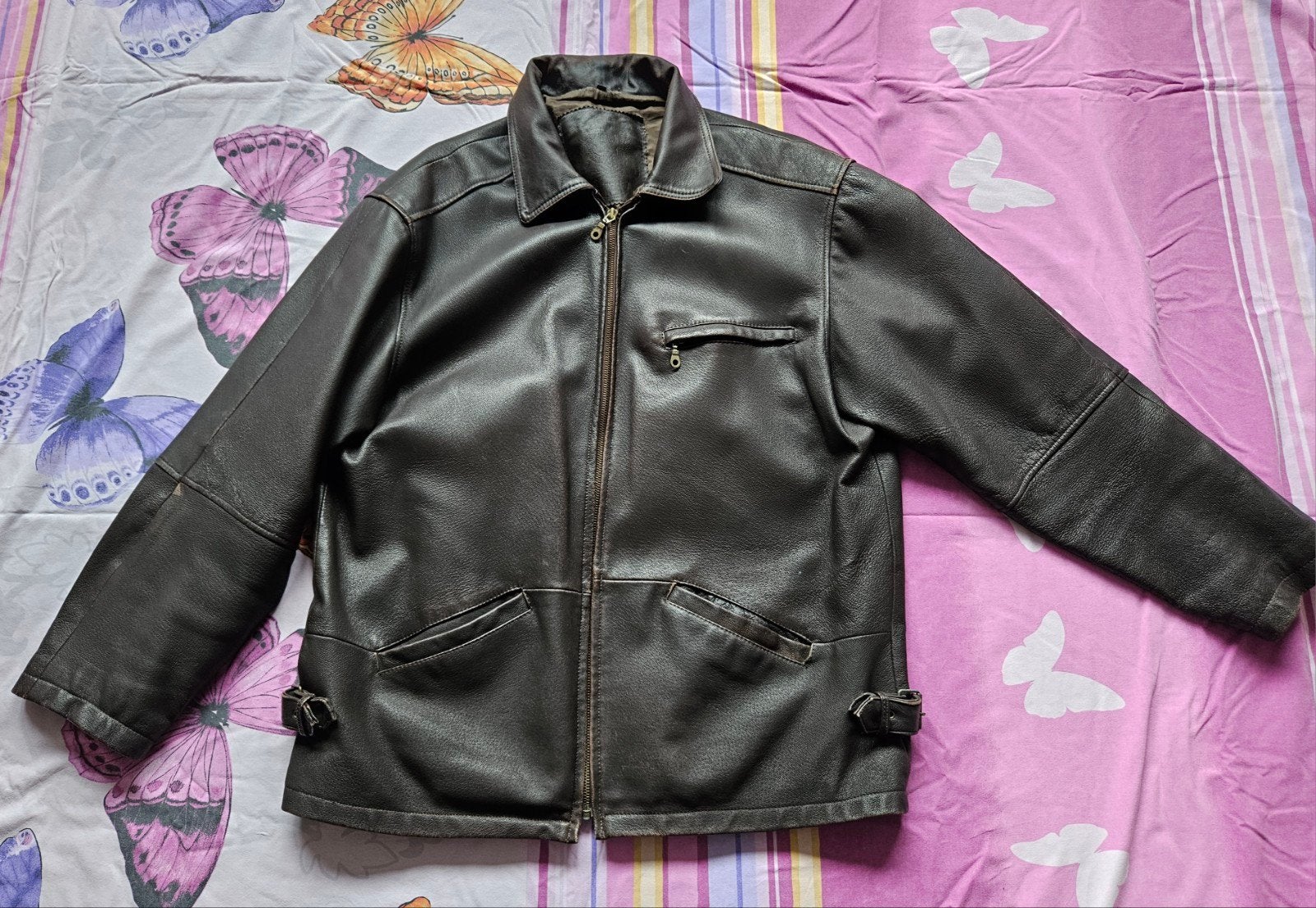 Bruine lederen herenjas met ritssluiting, Ophalen of Verzenden, Gedragen, Overige maten, Bruin