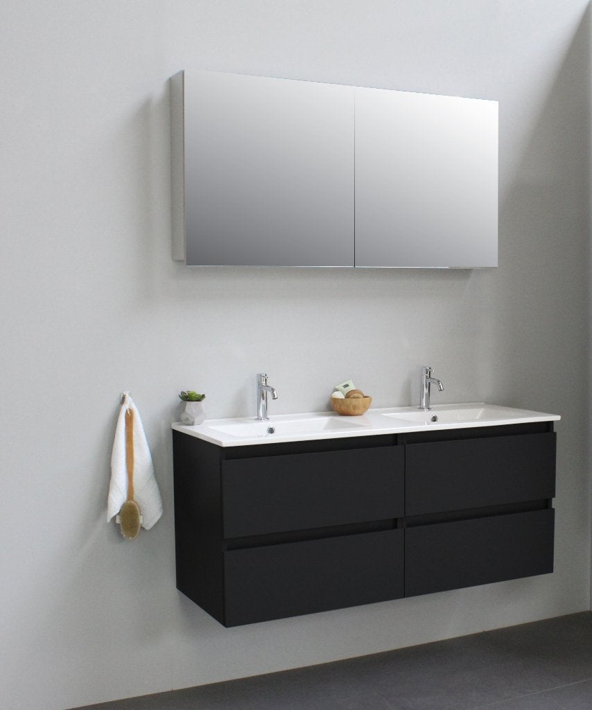 badmeubelset mat zwart 120cm + spiegelkast + kranen nieuw, Huis en Inrichting, Nieuw, Minder dan 100 cm, Wastafelkast, 25 tot 50 cm
