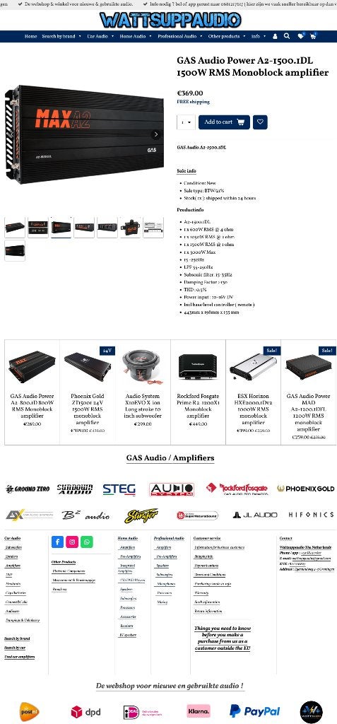GAS Audio Power A2-1500.1DL 1500W RMS monoblok versterker, Info@optimount.nl, Nieuw, Ophalen of Verzenden, Anholtseweg 48A 7091 HB DINXPERLO