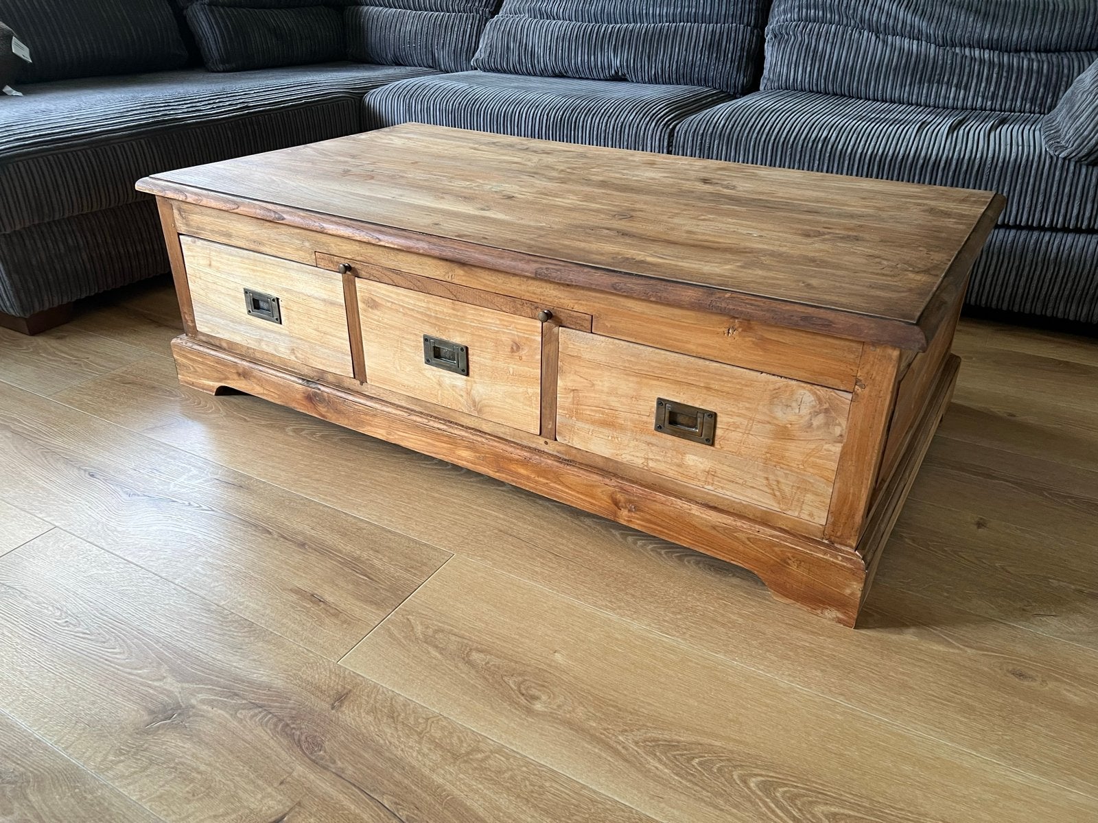 Salontafel van teakhout met laden en uitschuifplank, Ophalen, Gebruikt, 100 tot 150 cm, Teakhout