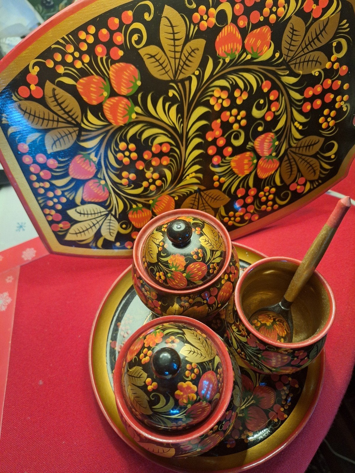 Khokhloma Houten Servies Set - Handgeschilderd, Antiek en Kunst, Ophalen of Verzenden