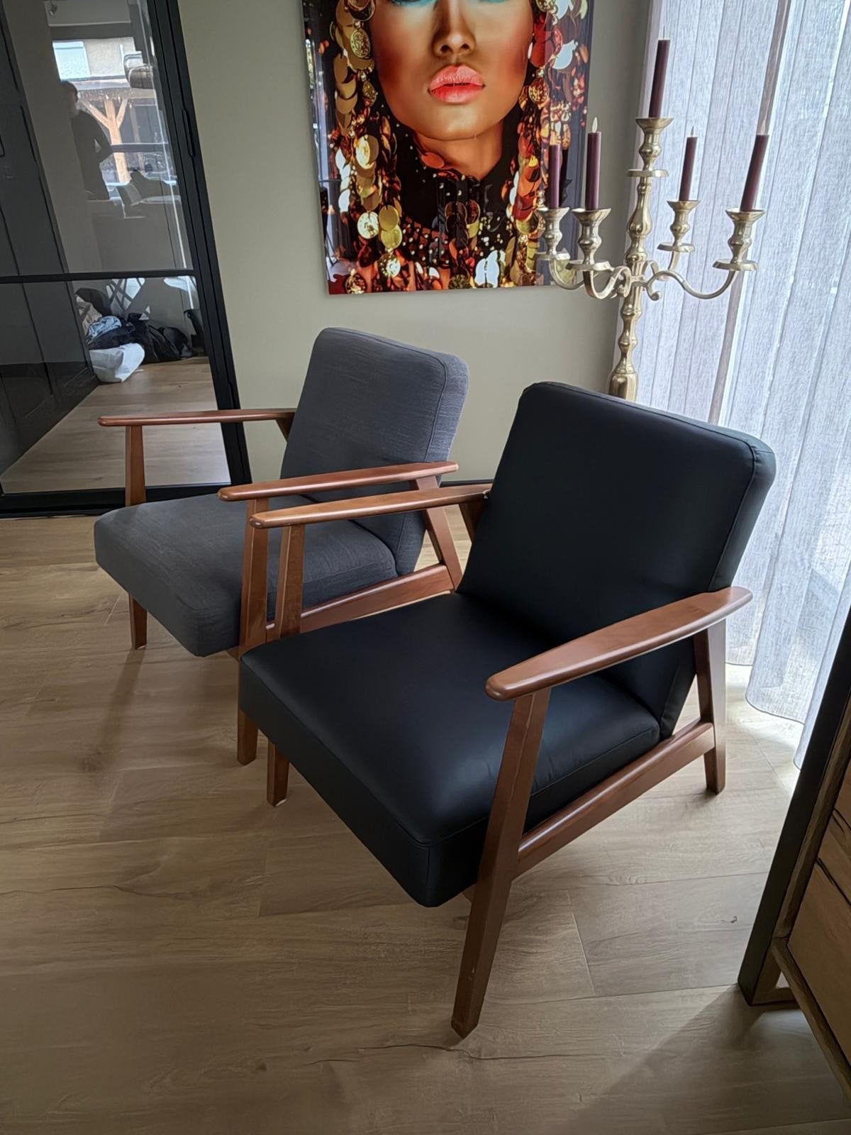 2 IKEA Ekenäset fauteuils - leer en stof, Huis en Inrichting, Ophalen, Zo goed als nieuw