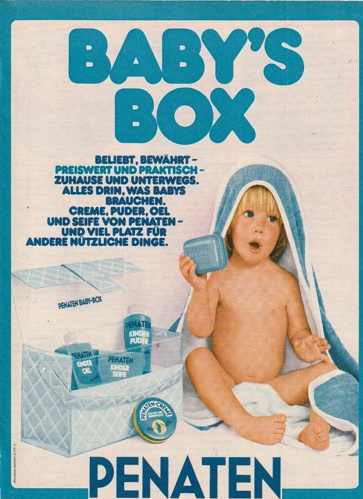 Retro reclame 1975 Penaten baby box poeder zeep olie, Verzenden, Overige typen
