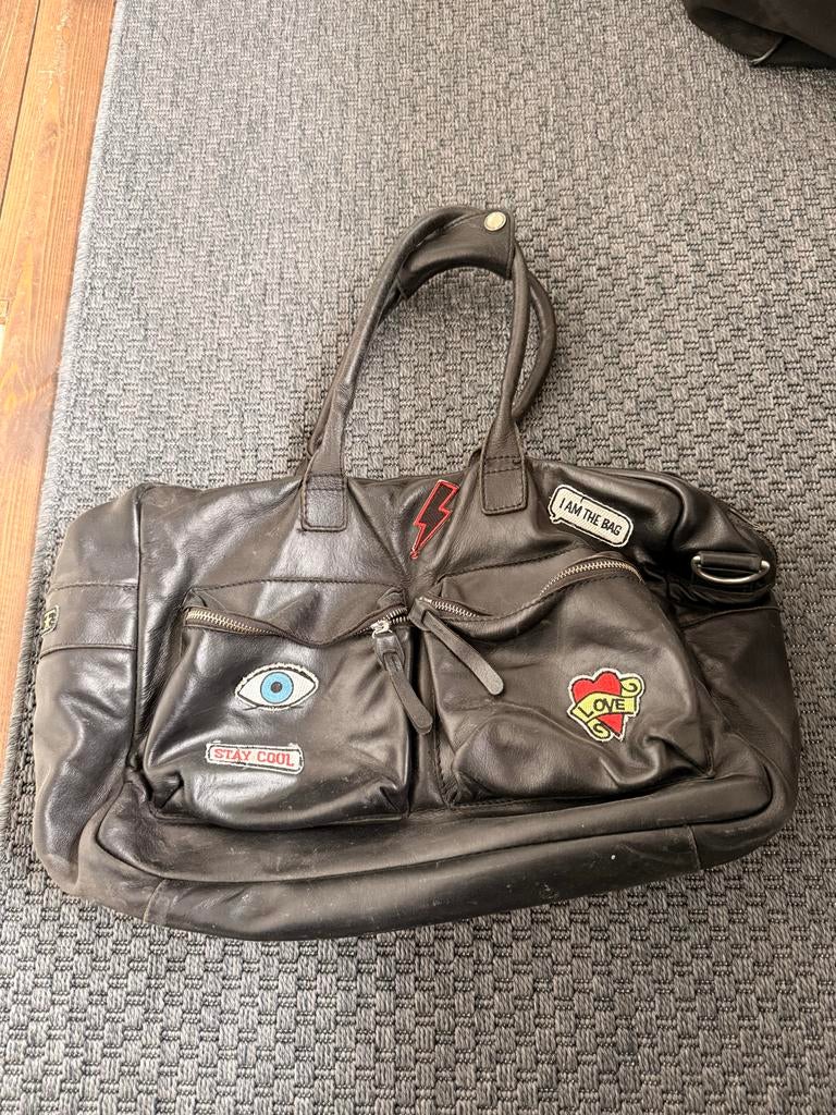 Cowboysbag Echt Leren Tas met Gestikte Stikkers - Gebruikt, Overige merken, Gebruikt, Zwart, Ophalen of Verzenden