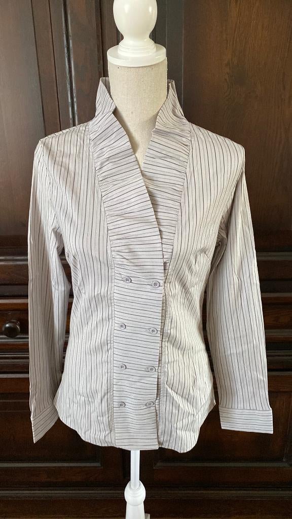 Blouse Grijs gestreept Maat 38 met Roezel kraag, Ophalen of Verzenden, Zo goed als nieuw, Maat 38/40 (M), Grijs