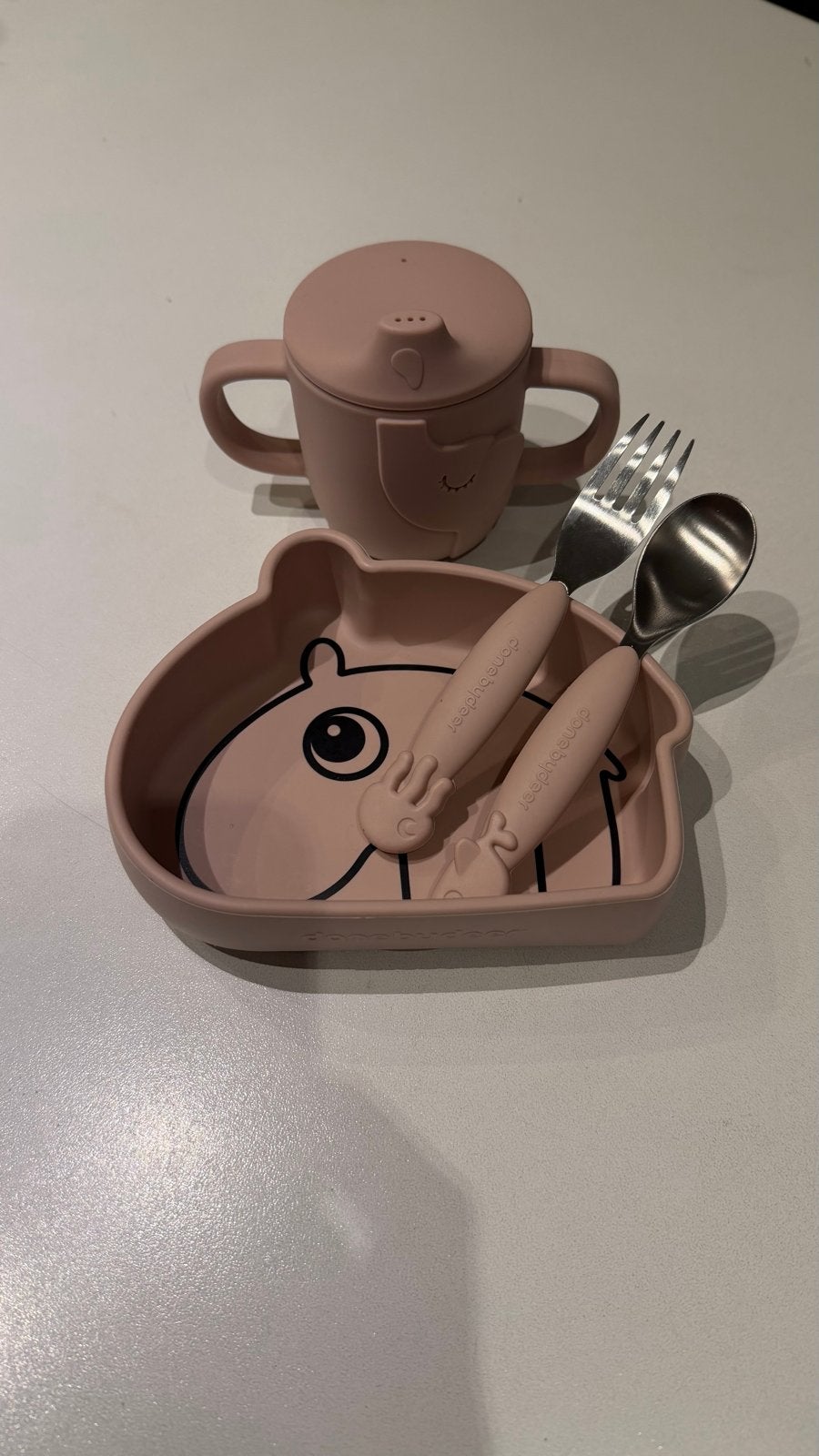 Done by Deer Eetset Roze: Bakje, Beker, Lepel & Vork, Ophalen of Verzenden, Zo goed als nieuw