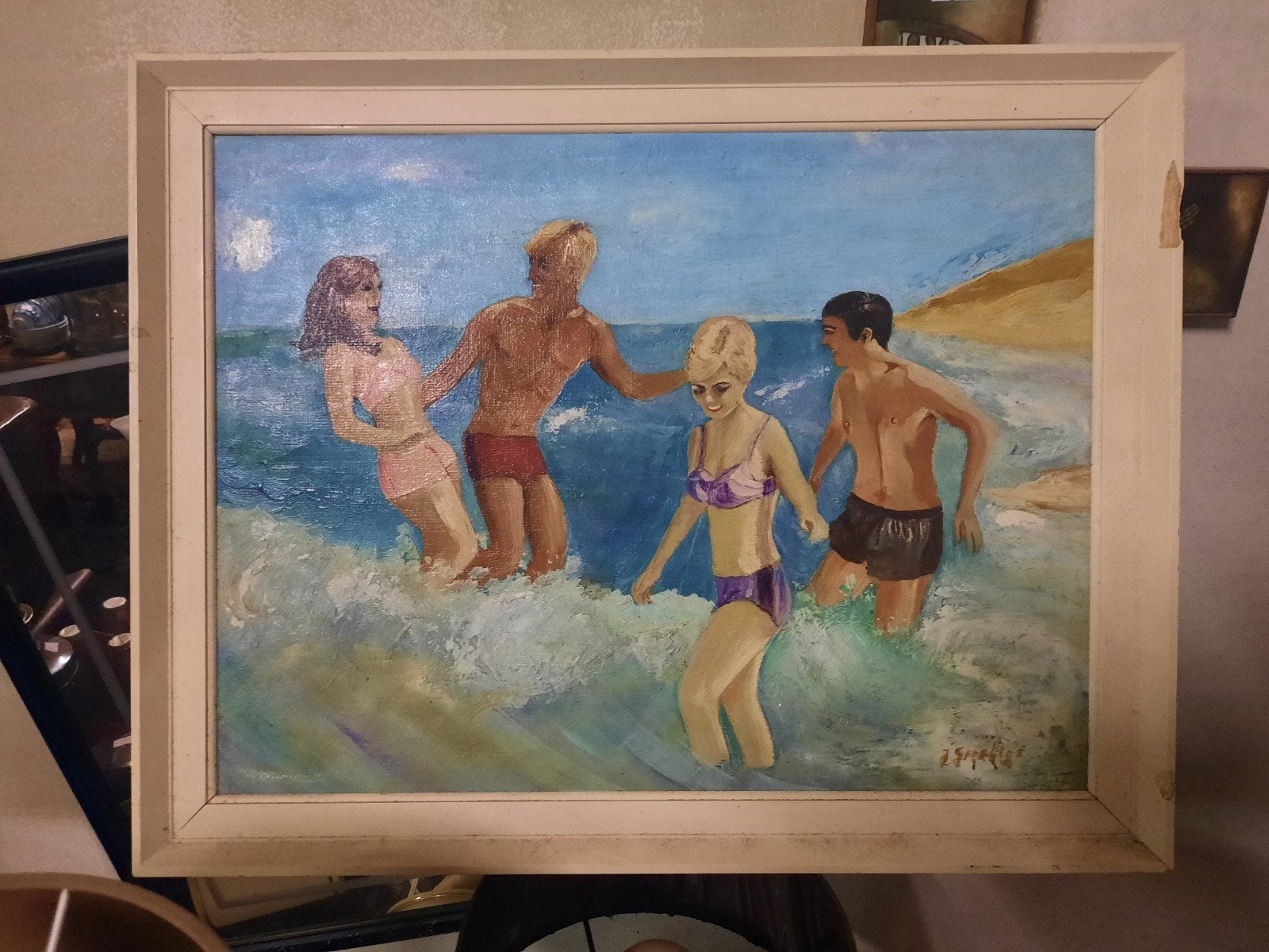 Vintage Schilderij: Zomerse Strandscène met Zwemmers, Ophalen of Verzenden