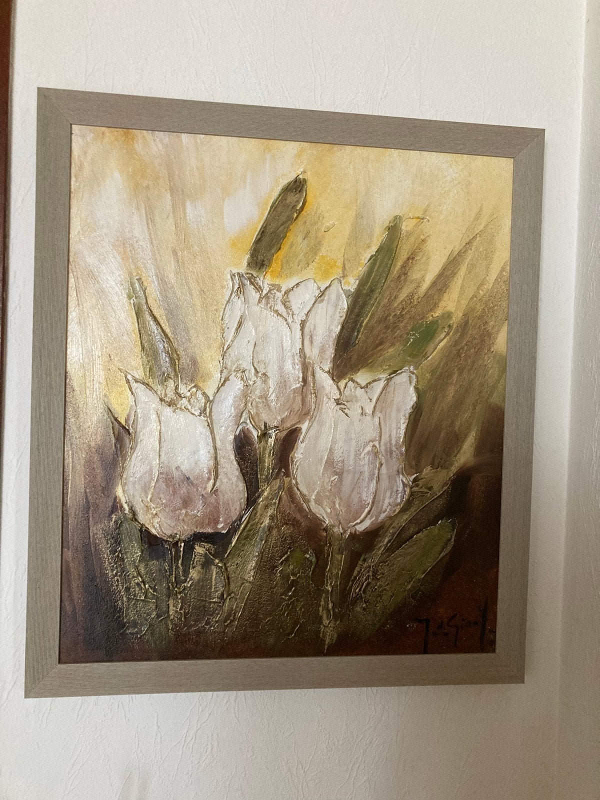 Schilderij met witte tulpen in reliëf van Jochem de Graaf, Antiek en Kunst, Ophalen, Met textuur, Olieverf, Bloemen