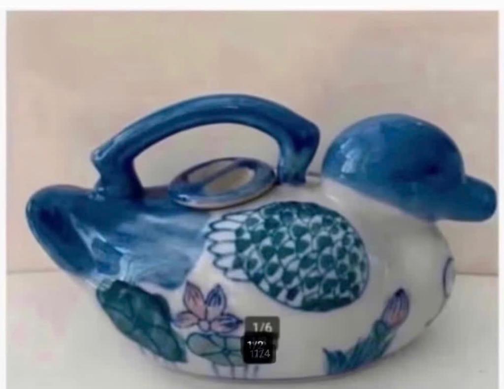 Brocante Theepot, Eend, porselein, 16 x 10 cm, Ophalen of Verzenden