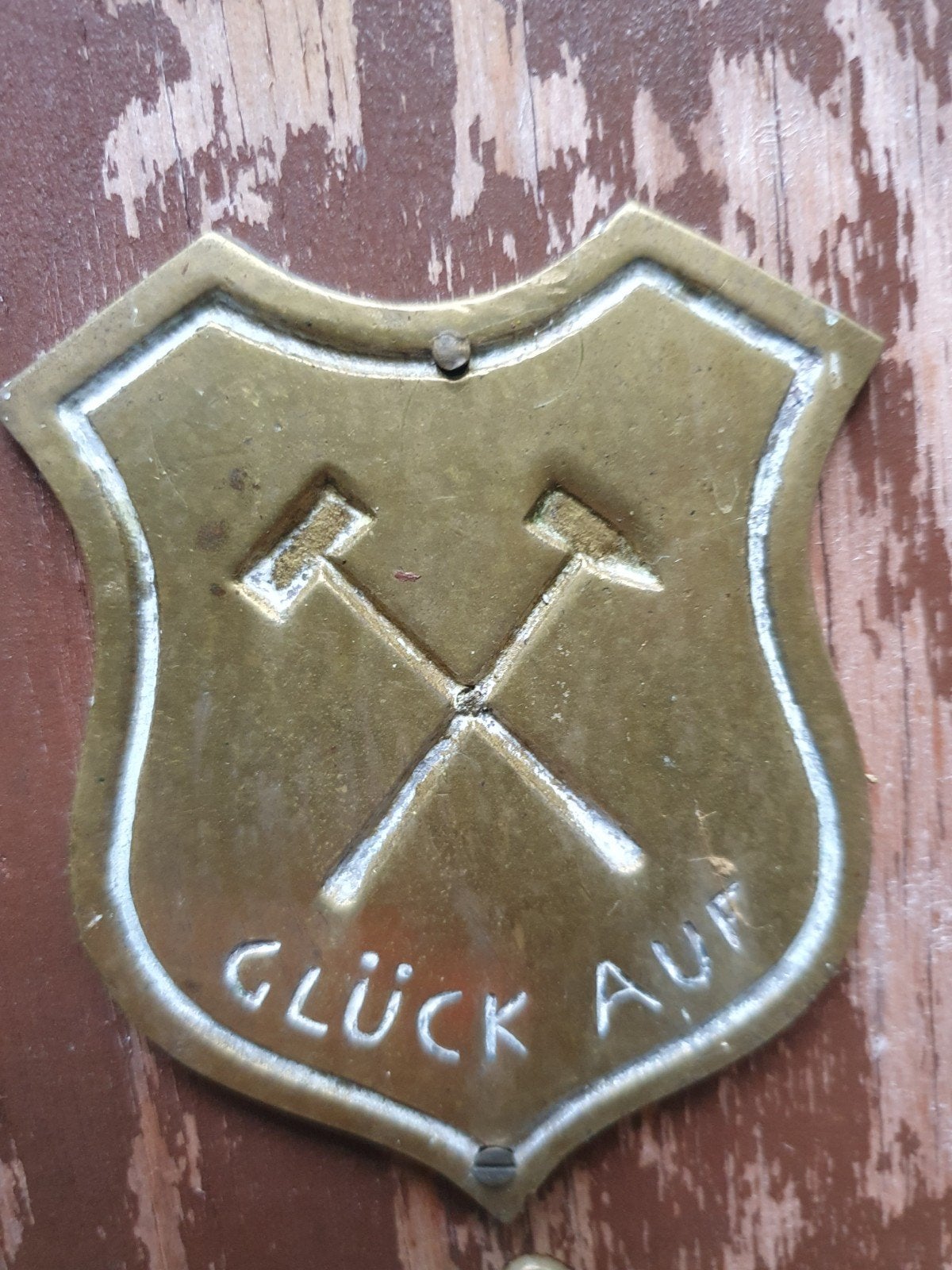 Vintage messing 'Glück Auf' mijnwerkersschildje, Ophalen of Verzenden