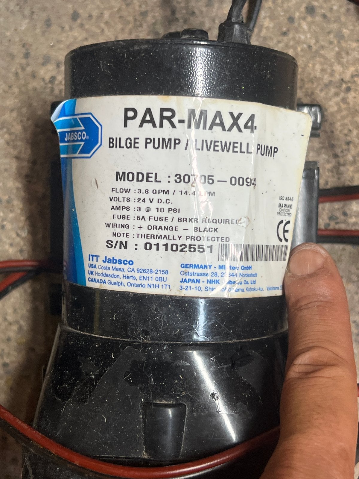 Jabsco PAR-MAX4 Bilgepomp / Livewell Pomp 24V, Ophalen, Gebruikt, Motor en Techniek