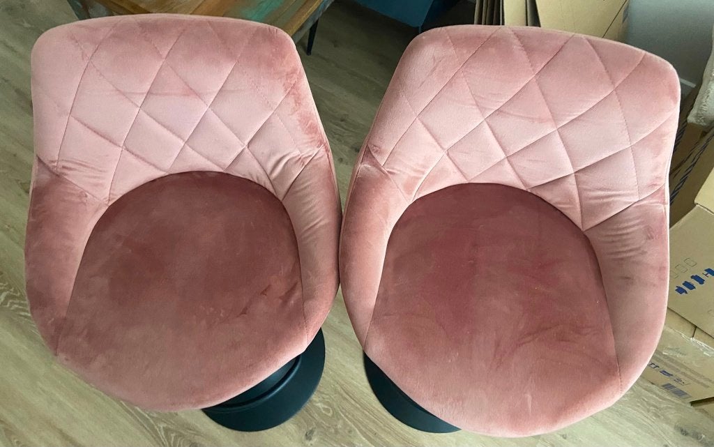 2 roze velvet barkrukken, Ophalen, Gebruikt, 60 tot 90 cm, In hoogte verstelbaar