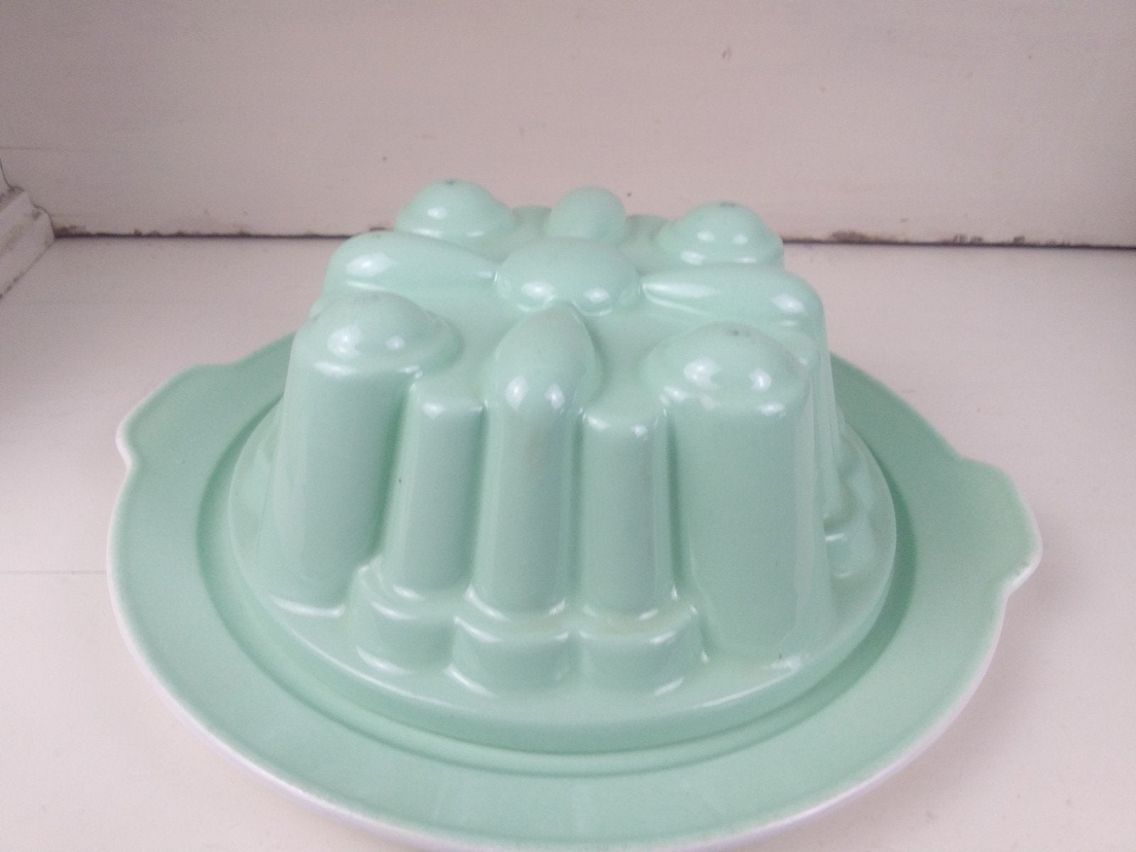 Antieke Puddingvorm met Onderbord - Mintgroen Keramiek, Ophalen of Verzenden