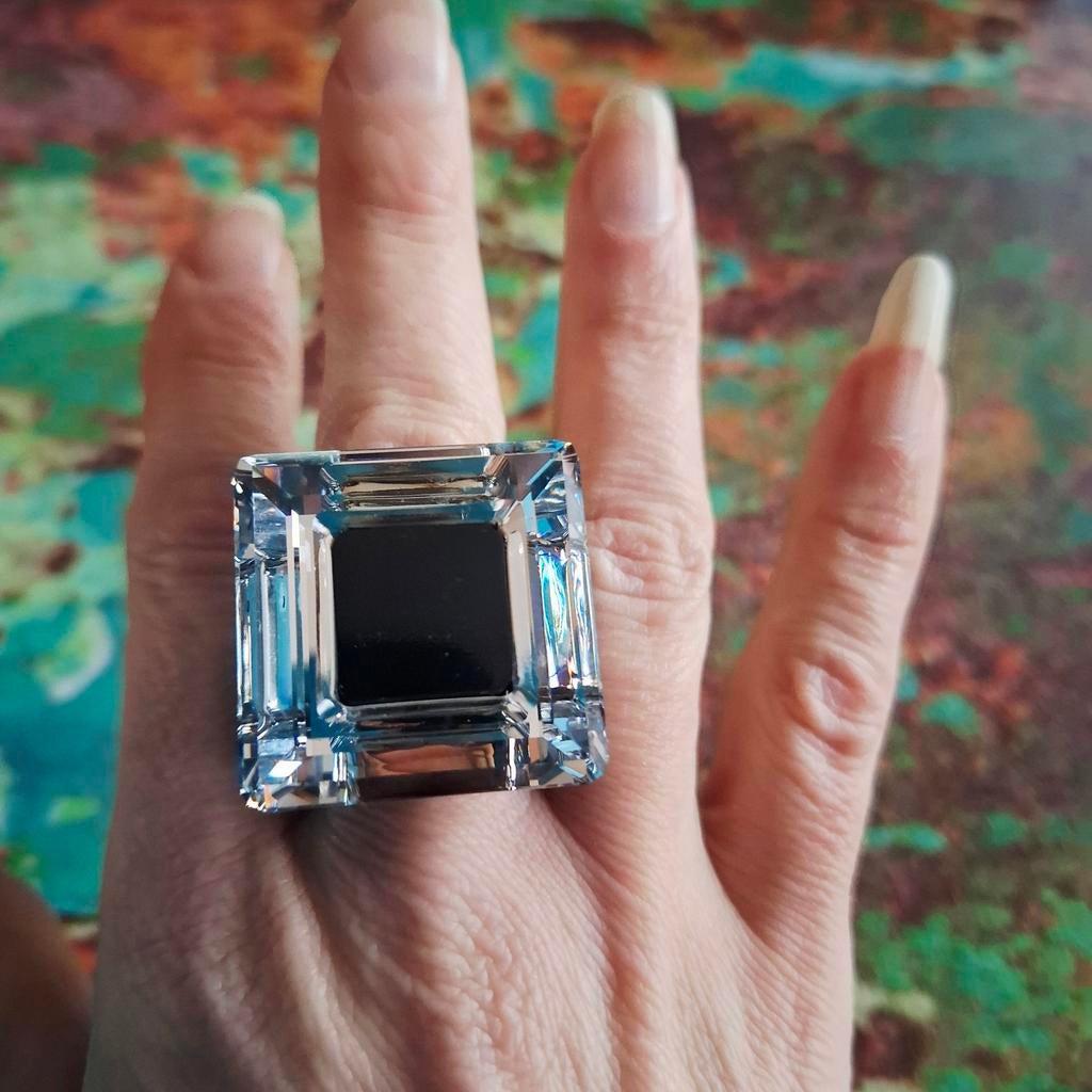 Unieke zilveren ring (925) Jacek Ostrowski met XXL kristal., 19 tot 20, Zwart, Zo goed als nieuw, Dame of Heer