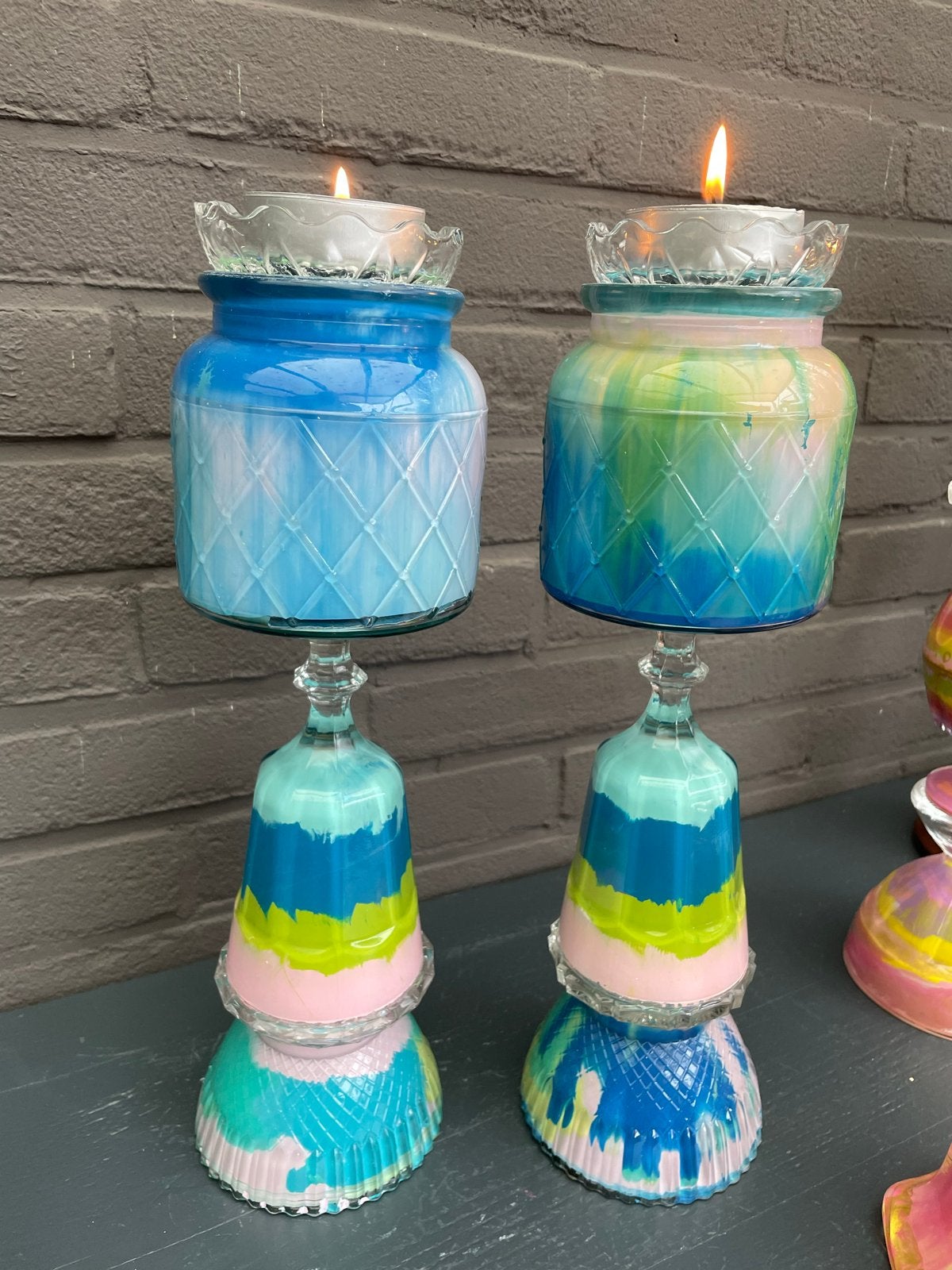 Handgemaakte glaskandelaar set blauw fantasie kleuren, Meerkleurig, Ophalen of Verzenden, Kandelaar, Glas